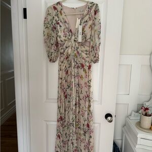 ML Monique Lhuillier Chiffon Floral Maxi Dress